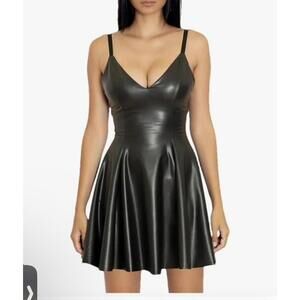 New w/o Tags FAUX  LEATHER SPAGHETTI STRAP MINI DRESS - Black, Size 14